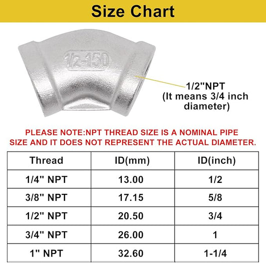 45 Degree Elbow 2PCS, 1/2" NPT Female x 1/2" NPT Female 304 Stainless Steel - Image 2