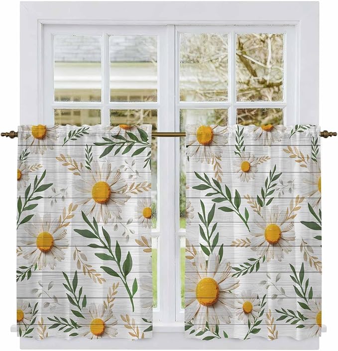 Spring Daisy Kitchen Curtains, Farmhouse Country Flower Leaf Plant Wood Grain - Image 2