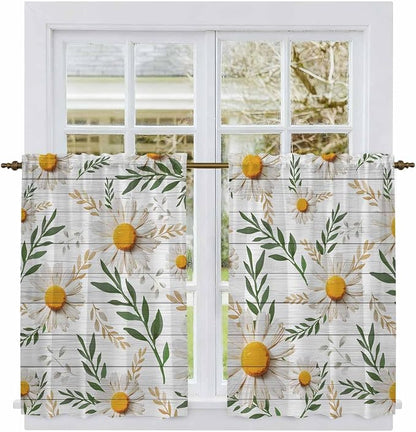 Spring Daisy Kitchen Curtains, Farmhouse Country Flower Leaf Plant Wood Grain - Image 2