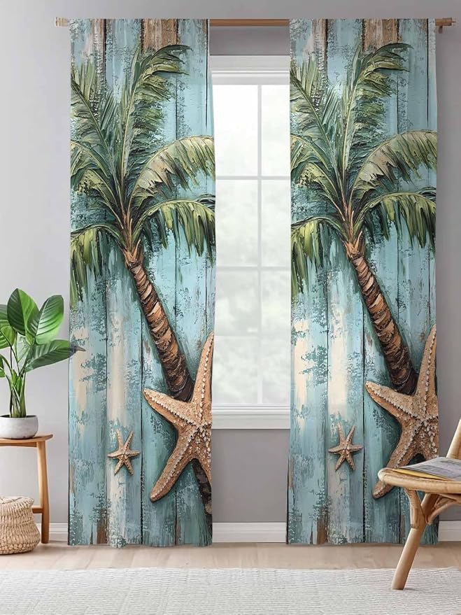 Sheer Curtains 108 Inches Long, Coastal Blue Green Tree Semi Sheer Curtains - Image 5