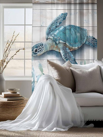 Sheer Curtains 72 Inches Long, Teal Green Sea Turtle Semi Sheer Curtains Light - Image 4