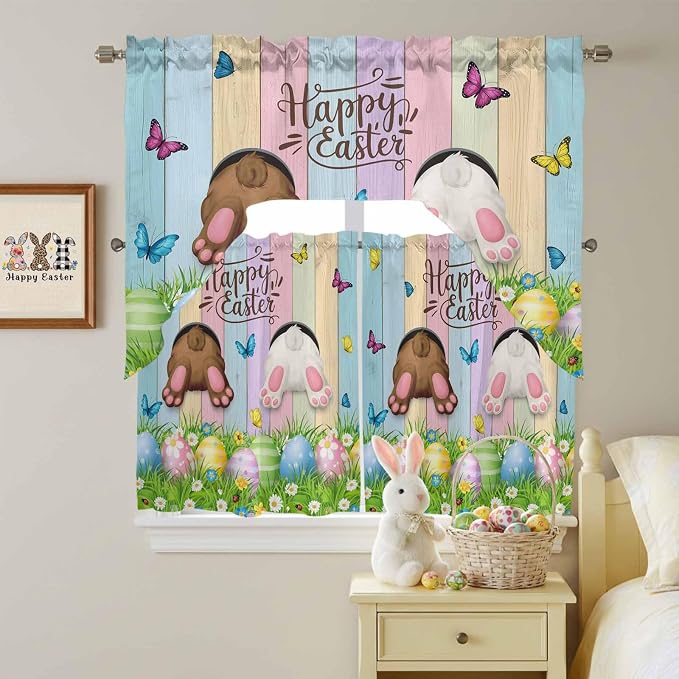 Swag Valance Curtains, Happy Easter Rabbit Butt Egg on Daisy Leaf Rod Pocket by Chees+D+Zone
