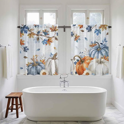Fall Blue Maple Kitchen Curtains 45 Inch Long 2 Panel Set, Rod Pocket Window - Image 5