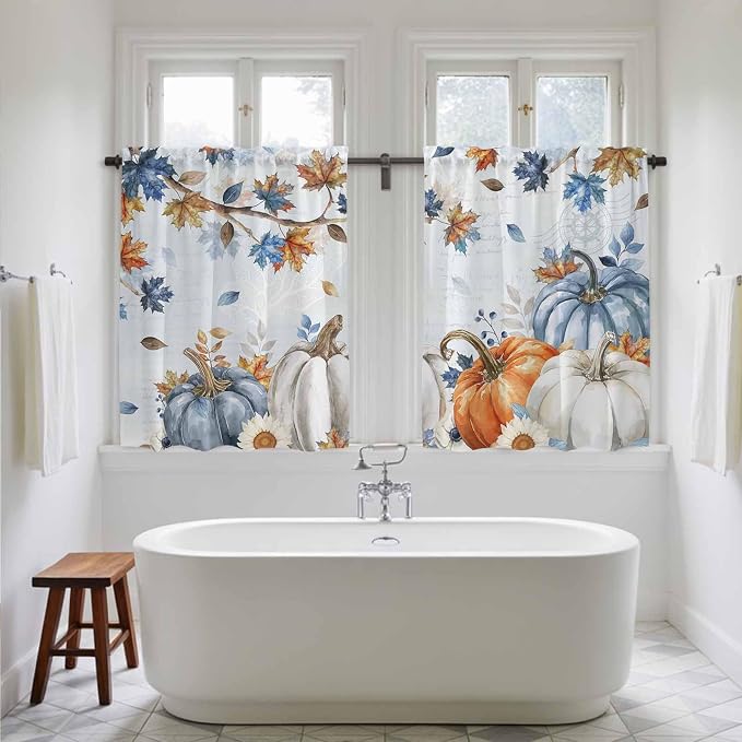 Fall Blue Maple Kitchen Tier Curtains 45 Inch Long 2 Panel Set, Rod Pocket - Image 5