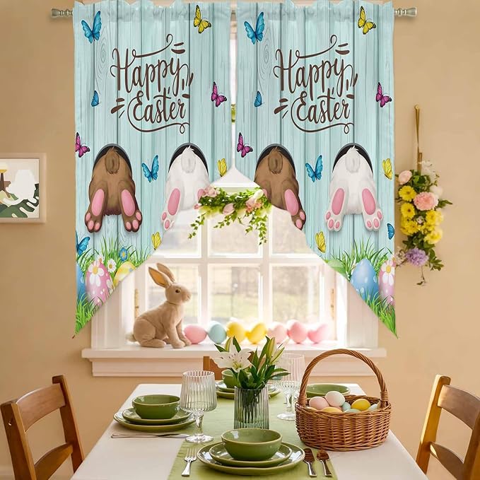 Swag Curtain Valances for Kitchen Windows, Happy Easter Bunny Butt Egg Floral - Image 3