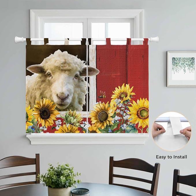Sheep Flowers Kitchen Curtains 45 Inch Length, Short Cafe Window Curtains Tab - Image 4
