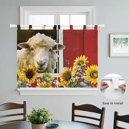 Sheep Flowers Kitchen Curtains 45 Inch Length, Short Cafe Window Curtains Tab - Image 4