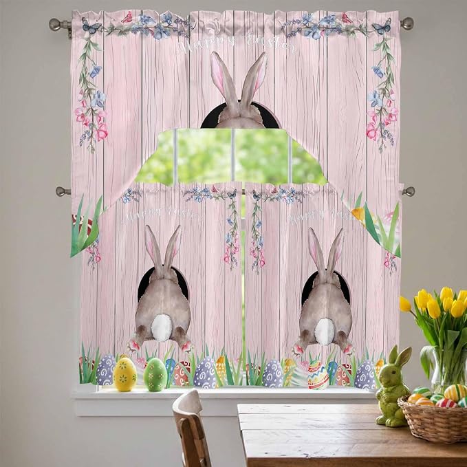 Swag Valance Curtains, Easter Cute Rabbit and Colorful Eggs Rod Pocket Valances - Image 3