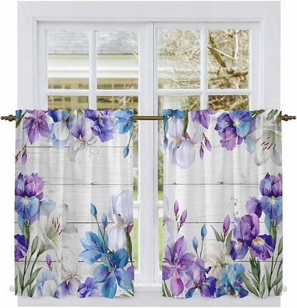 Spring Flowers Kitchen Curtains, Watercolor Garden Florals Wooden Grain Light - Image 2
