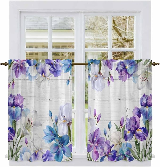 Spring Flowers Tier Curtains, Watercolor Garden Florals Wooden Grain Light by Unknown