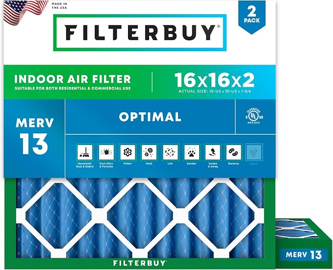Filterbuy 16x16x2 Air Filter MERV 13 Optimal Smoke & Allergy Defense, by Filterbuy