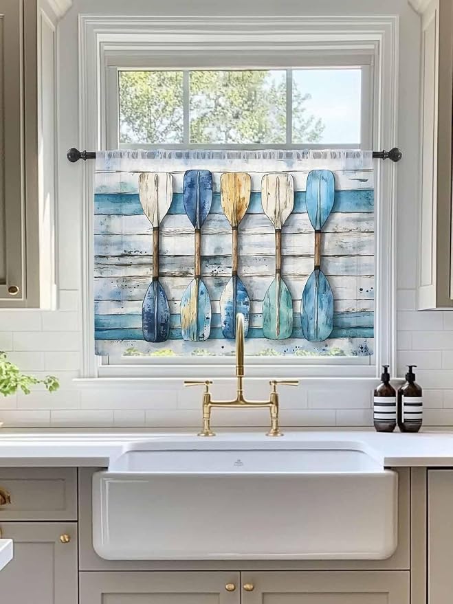 Sheer Curtains 54 Inch Length, Lake Paddle Striped Semi Sheer Curtains Light - Image 3