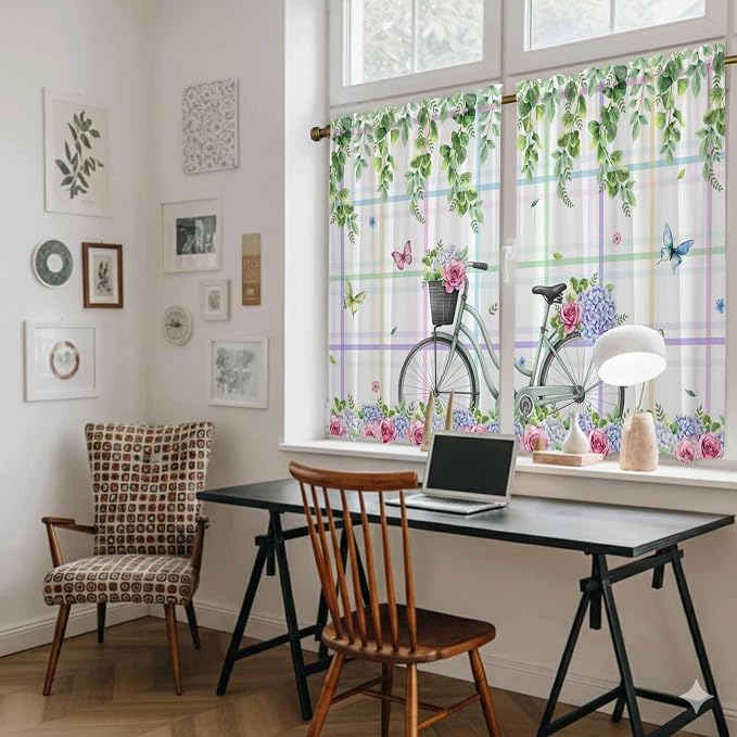 Spring Kitchen Curtains, Bicycles Botanical Leaves Rose Colorful Stripes Light - Image 6