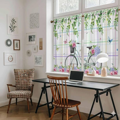Spring Tier Curtains, Bicycles Botanical Leaves Rose Colorful Stripes Light - Image 6