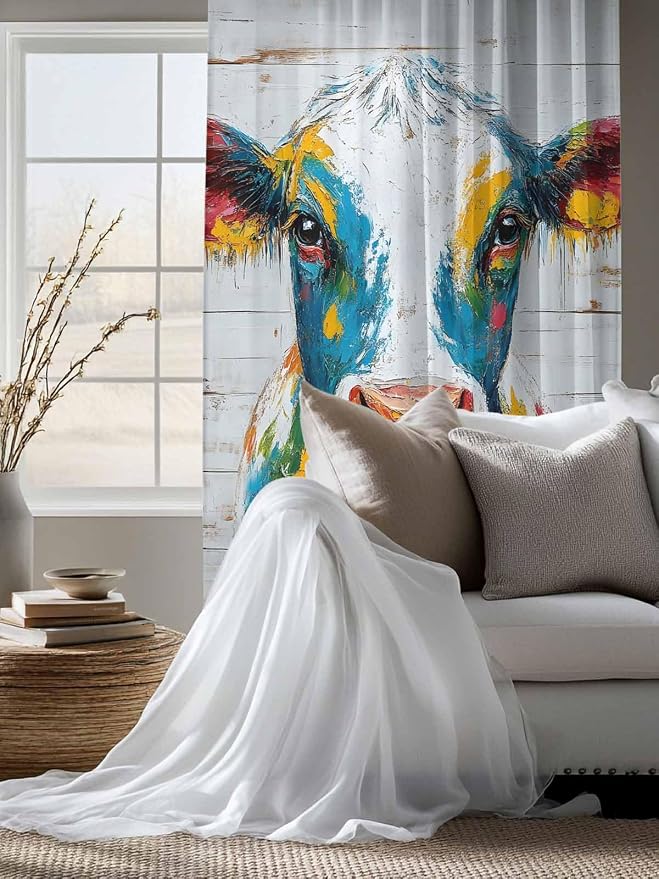 Sheer Curtains 63 Inch Length, Rustic Cow Semi Sheer Curtains Light Filtering - Image 4