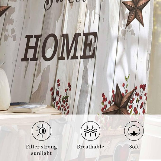 Farmhouse Sheer Curtains 96 Inch Length Retro Country Star Berry Vintage Wood - Image 2