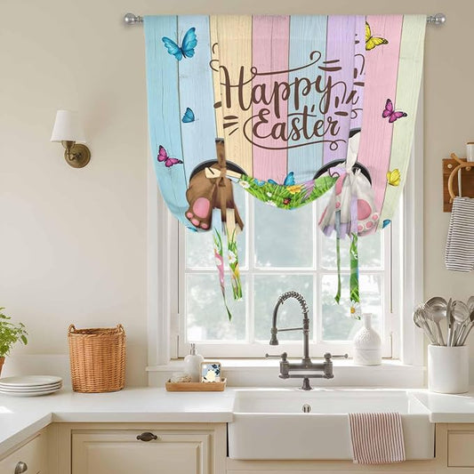 Tie Up Curtains, Happy Easter Rabbit Butt Egg on Daisy Leaf Adjustable Rod by Unknown