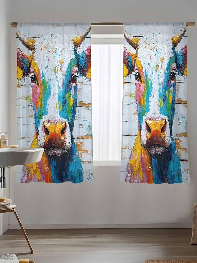 Sheer Curtains 72 Inches Long, Funny Colorful Cow Semi Sheer Curtains Light - Image 5