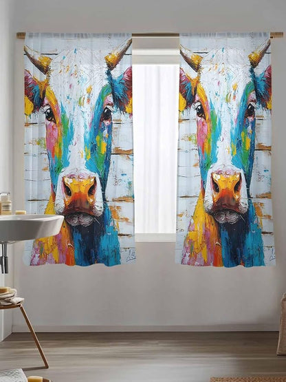 Sheer Curtains 63 Inch Length, Funny Colorful Cow Semi Sheer Curtains Light - Image 5