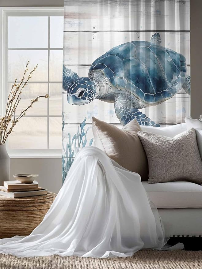 Sheer Curtains 63 Inch Length, Ocean Sea Turtle Semi Sheer Curtains Light - Image 4