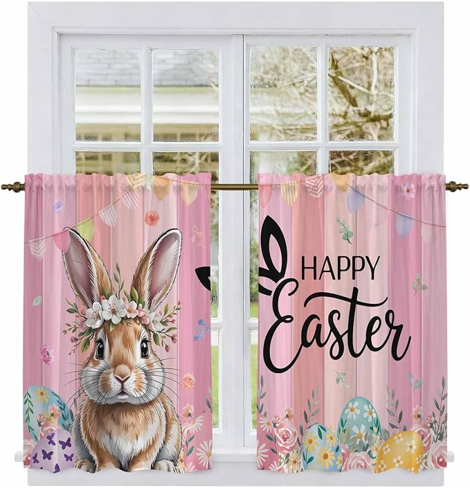 Easter Kitchen Curtains, Spring Rabbit Eggs Flowers Flags Leaves Wood Grain by Unknown