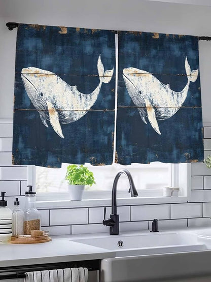 Sheer Curtains 45 Inch Length, Ocean Whale Blue Semi Sheer Curtains Light - Image 5