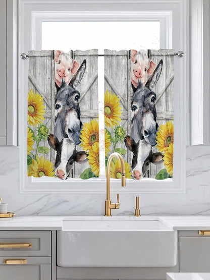 Farmhouse Tier Curtains 45 Inches Long, Watercolor Sunflowers Animals Printed - Image 3