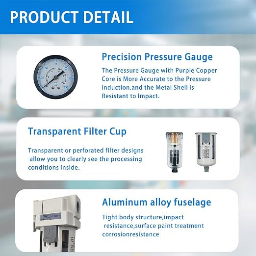 XingNEeng 1/2" NPT Compressed Air Filter Regulator Combo Piggyback, Water/Oil - Image 6