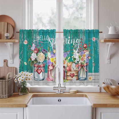 Spring Flowers Kitchen Curtains, Farmhouse Watercolor Teal Wood Grain Light - Image 2