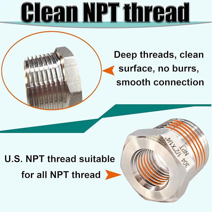 1/2" NPT Male to 3/8" NPT Female Hex Bushing Reducer, 304 Stainless Steel NPT - Image 3