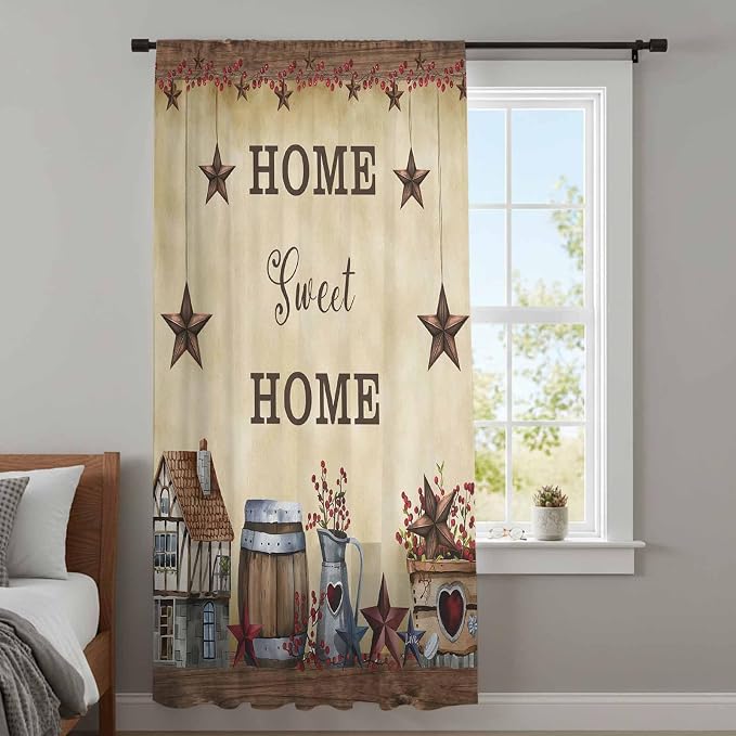 Farm Sheer Curtains 108 Inch Length American Country Barn Star Vintage Berry - Image 4