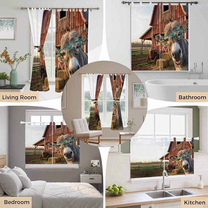 Farm Donkeys Kitchen Curtains 36 Inch Length, Small Window Curtains Tab Top - Image 7