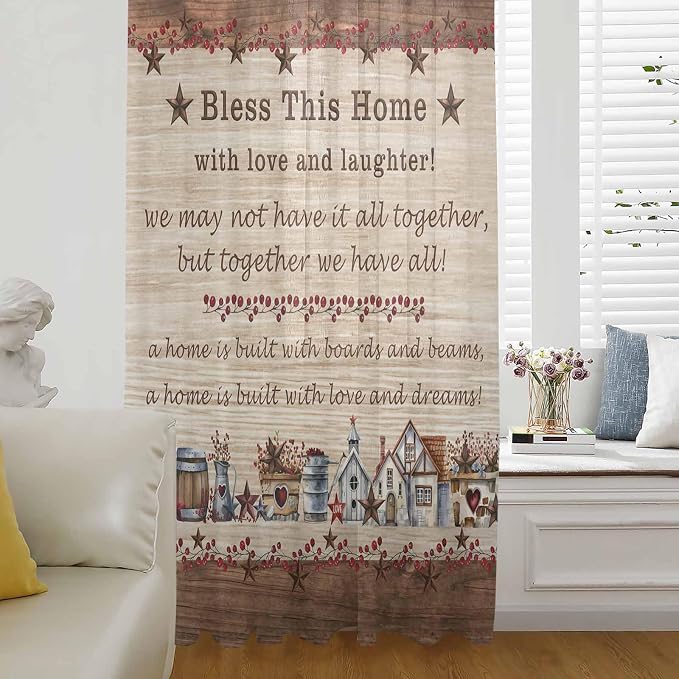 Farmhouse Sheer Curtains 72 Inch Length Brown Country Star Berry Vintage Wood by Unknown