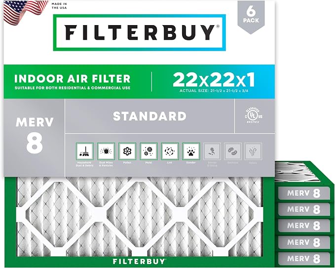 Filterbuy 22x22x1 Air Filter MERV 8 Essential Dust & Allergy Defense, by Filterbuy