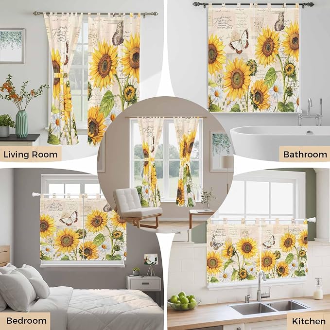 Yellow Sunflowers Bedroom Curtains 63 Inch Length, Window Curtains Tab Top - Image 7