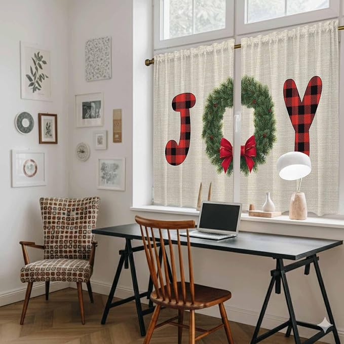 Red Green Christmas Kitchen Curtains 45 Inch Long 2 Panel Set, Rod Pocket - Image 6