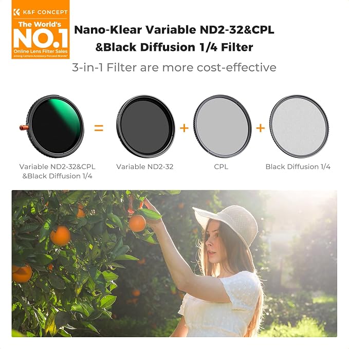 K&F CONCEPT 52mm Black Diffusion Mist Effect 1/4 & Variable ND2-32 & Circular - Image 2