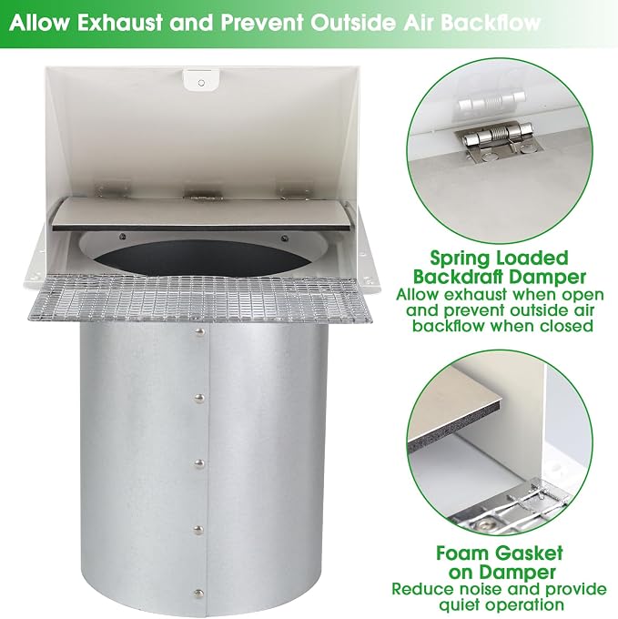 10 Inch Hooded Wall Vent with Screen and Damper, Galvanized Steel Exterior Wall - Image 5