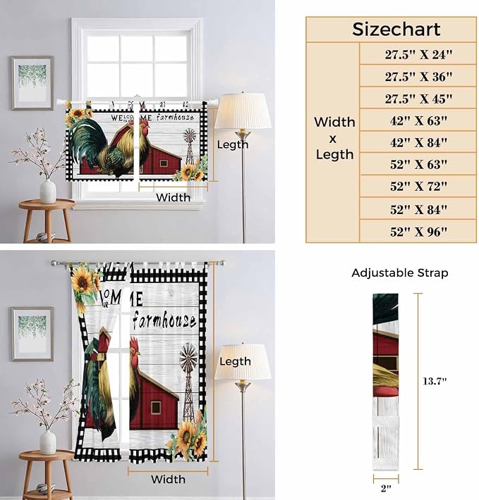 Farmhouse Rooster Kitchen Curtains 24 Inch Length, Small Window Curtains Tab Top - Image 8