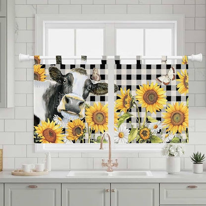 Retro Sunflowers Kitchen Curtains 36 Inch Length, Small Window Curtains Tab Top - Image 3