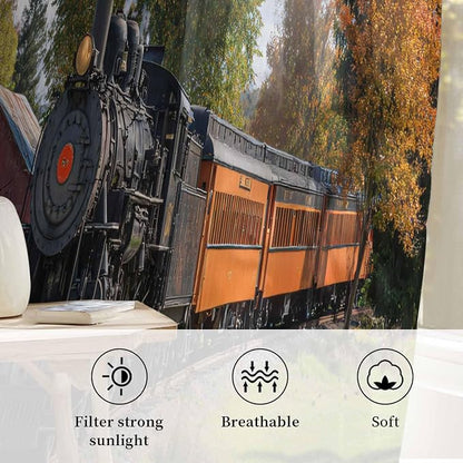 Steam Train Sheer Curtains 63 Inch Length Railroad Country Barn Rustic Trees - Image 2