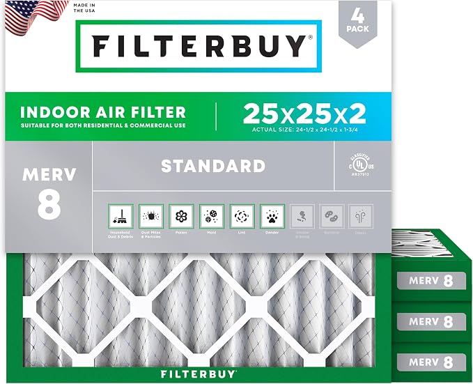 Filterbuy 25x25x2 Air Filter MERV 8 Essential Dust & Allergy Defense, by Filterbuy