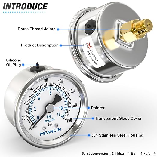 MEANLIN MEASURE 0~160Psi Dry Pressure Gauge Stainless Steel 1/8" NPT 2" FACE - Image 4