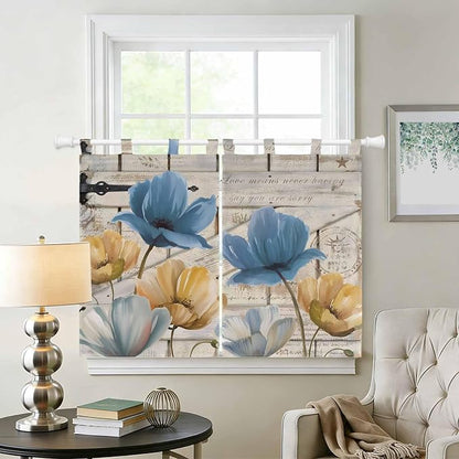 Blue Yellow Tulips Bedroom Curtains 63 Inch Length, Window Curtains Tab Top - Image 2