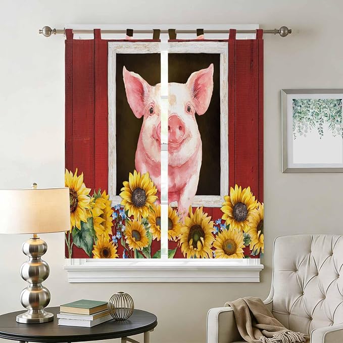 Pigs Sunflowers Bathroom Curtains 63 Inch Length, Window Curtains Tab Top - Image 2