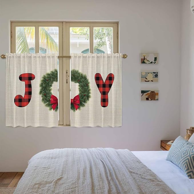 Red Green Christmas Kitchen Curtains 45 Inch Long 2 Panel Set, Rod Pocket - Image 4