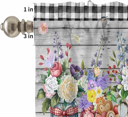 Spring Flowers Kitchen Curtain Set, Farmhouse Black Plaid Wood Grain Window - Image 5