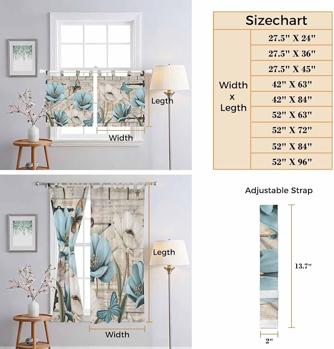 Teal Blue Tulips Kitchen Curtains 45 Inch Length, Short Cafe Window Curtains - Image 8