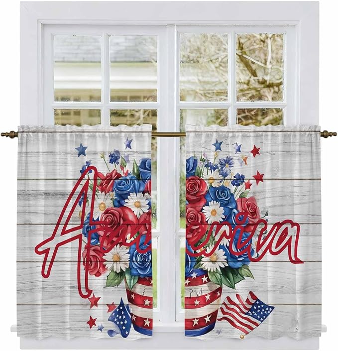 Independence Day Kitchen Tier Curtains 45 Inch Long 2 Panel Set, Rod Pocket - Image 2