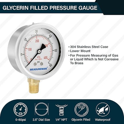 MEASUREMAN 2-1/2inch Dial Size, Liquid Filled Pressure Gauge, 0-60psi/kpa - Image 2